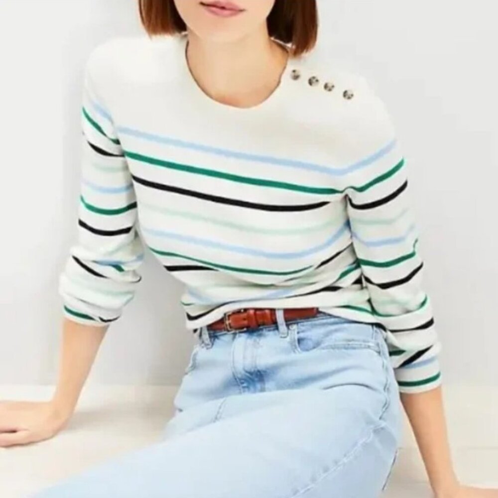 LOFT draped sleeve striped knit sweater with button shoulder - NWT